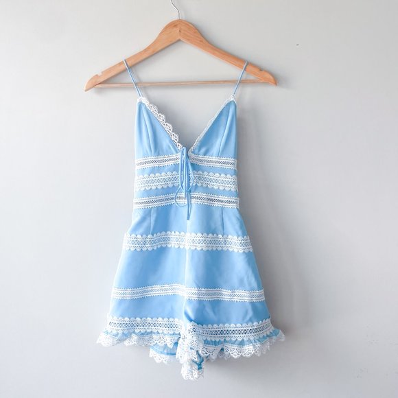 NBD Pants - X by NBD Revolve 'Malani' Romper Baby Blue and white lace ruffle Trim